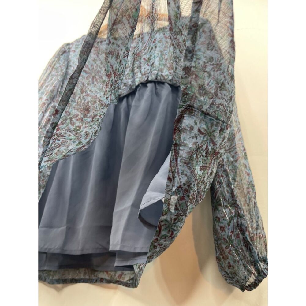 Lucky Brand Teal Blue Paisley V-Neck Long Sleeve Blouse peasant boho size Large - Picture 8 of 16